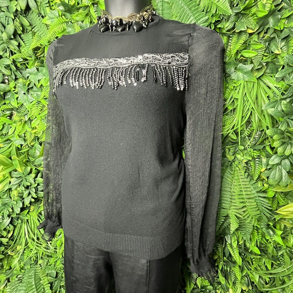Ontwelfth Tops Women XL Black Sweater Blouse With Sequins Sheer Sleeve‎  0145 - Picture 8 of 13